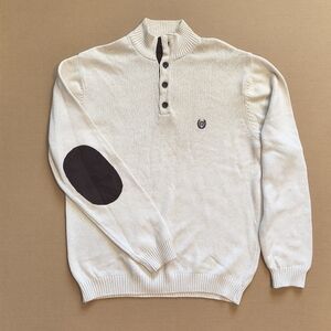 Chaps men's mock neck cotton sweater in light beige or off-white with brown faux